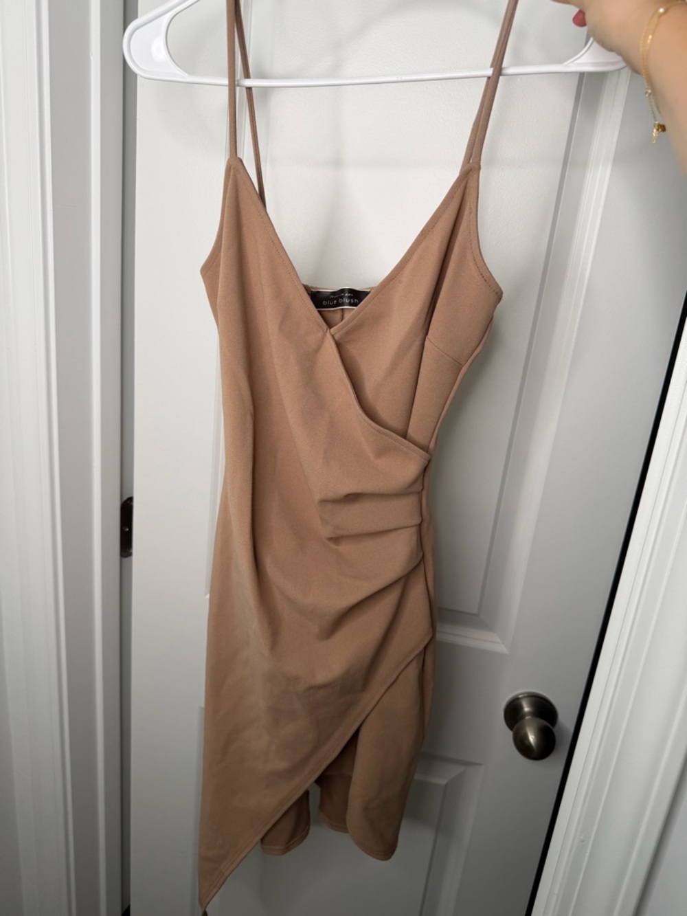 Blue Blush Asymmetrical Faux-Wrap Spaghetti Strap Dress in Taupe